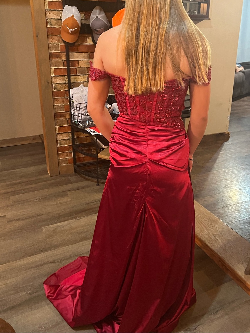 Off-Shoulder Burgundy Lace Bodice Evening Gown - Picture 3 of 3